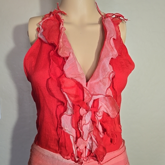 Vintage Rare Bebe 100% Silk Ruffled Red & Pink Sleeveless Dress Size S - Picture 2 of 14